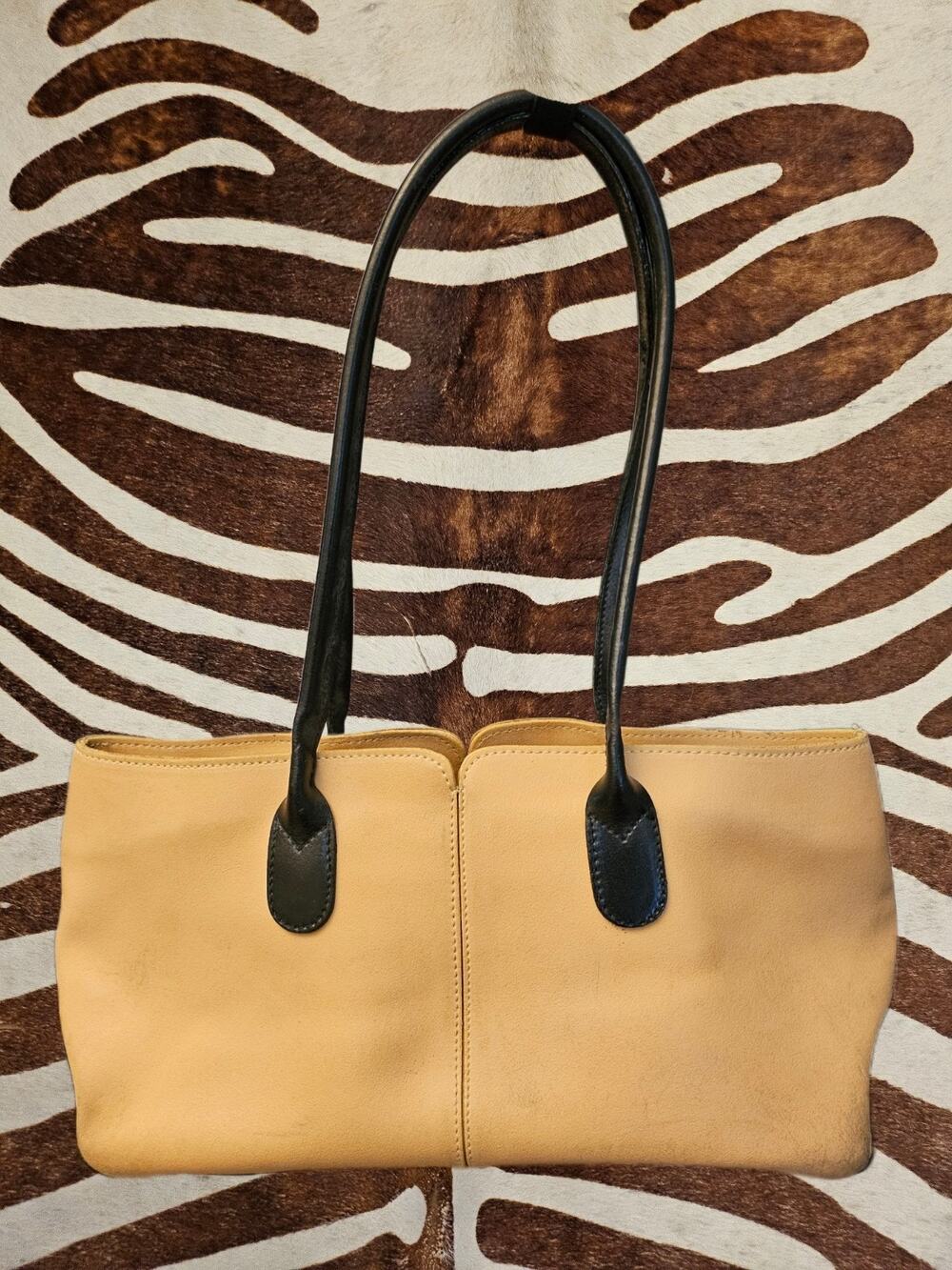 Tiffany & Fred Long Handle Shoulder Bag Made in France Tan Black All Leather